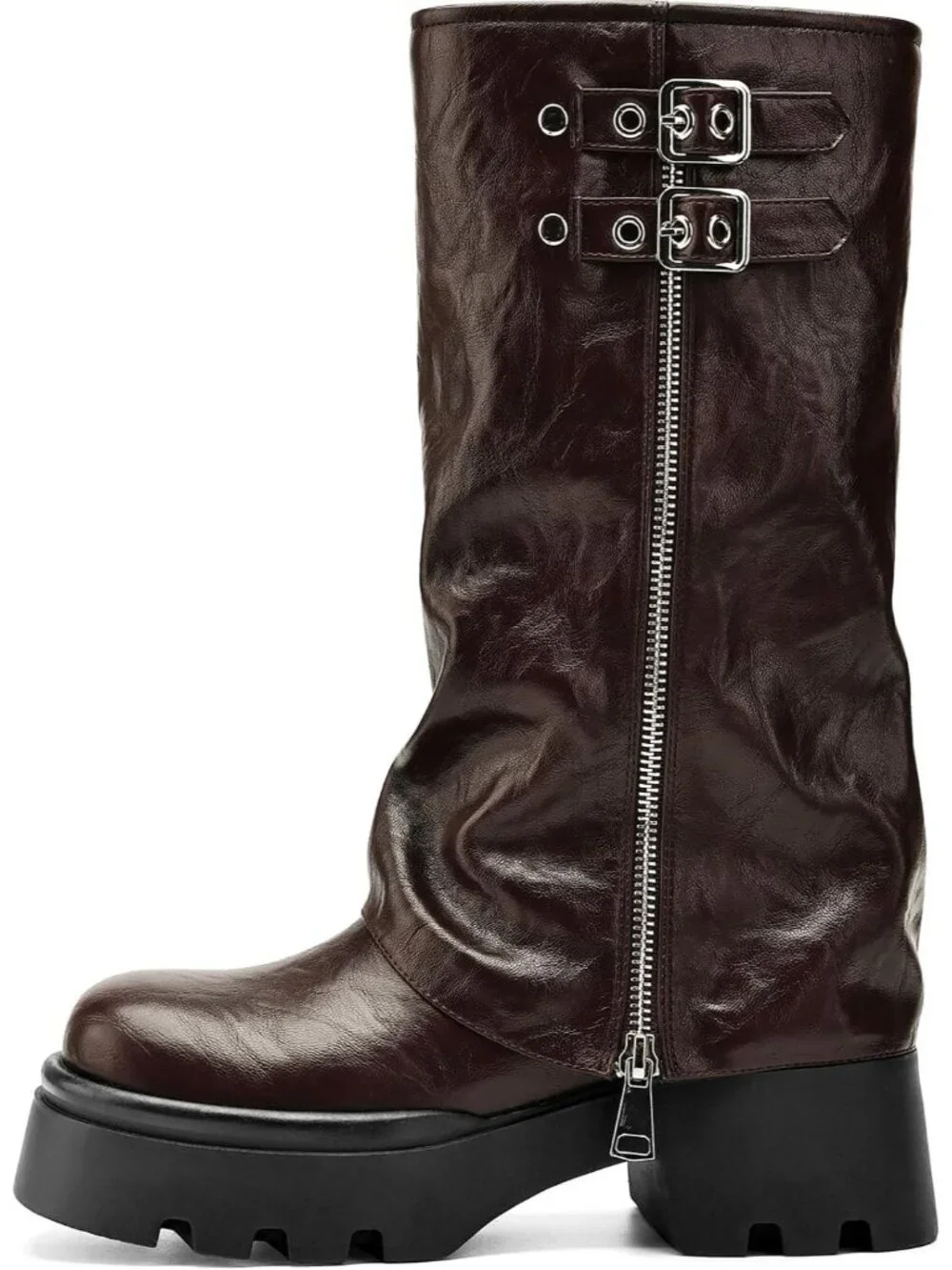 Women's Burgundy Leather Knee High Moto Boots Wide Calf Platform Buckle Boots - Picture 4 of 6
